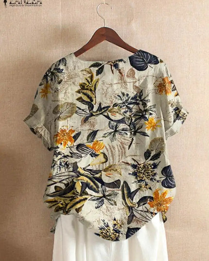ZANZEA Women Cotton Shirt Fashion Floral Printed Tops Ladies Kaftan Chemise 2024 Summer Short Sleeve Blouses Causal O-neck Tunic