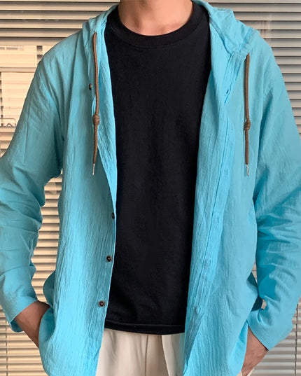 Summer Men's Cotton Linen Shirt Solid Streetwear Long Sleeve Hoodie Clothing For Men Button Tops Casual Loose Men Hooded Shirt