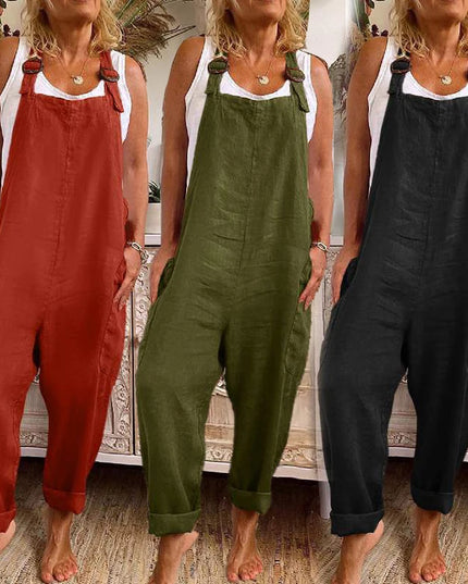 Womens Cotton Linen Jumpsuit Dungarees Loose Playsuit Polyester Preppy Style Pants Pocket  Overalls Trousers