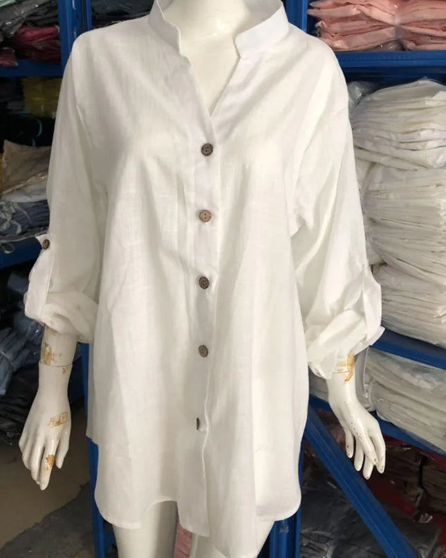 S-5XL Women Loose Blouse Shirts Oversized Female V Neck Long Sleeve Button Beach Sand Holiday Baggy Blouse Tops ARJ-113Y