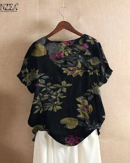 ZANZEA Women Cotton Shirt Fashion Floral Printed Tops Ladies Kaftan Chemise 2024 Summer Short Sleeve Blouses Causal O-neck Tunic