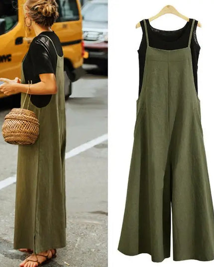Women Straps Jumpsuit Summer Solid Color Wide Leg Pants Dungaree Bib Overalls Casual Loose Sleeveless Cotton Linen Jumpsuits 5Xl