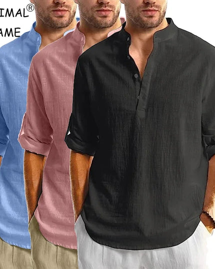 New Long Sleeve Henley Shirt Men Cotton Lightweight T-Shirts Men Breathable Streetwear Solid Color Business Button Polo Shirts