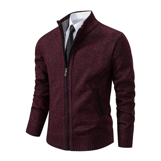 2025 Autumn and Winter New Jersey Men's Casual Sports Coat Solid Color Stand Collar Sweater Grab Fleece Warm Zipper Cardigan