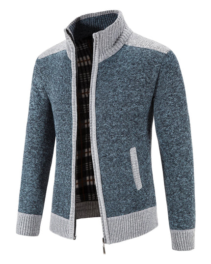 Autumn Winter Male Sweater Coat Knit Jumpers Fleece Warm Jacket Korean Mock Collar Patchworked Zip Windbreaker Men's Overcoat