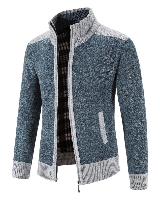 Autumn Winter Male Sweater Coat Knit Jumpers Fleece Warm Jacket Korean Mock Collar Patchworked Zip Windbreaker Men's Overcoat