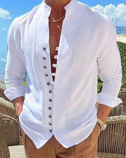 100% pure cotton linen hot selling fashion men's long sleeved shirt solid color stand up collar casual style men's S-3XXL