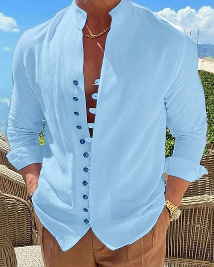 100% pure cotton linen hot selling fashion men's long sleeved shirt solid color stand up collar casual style men's S-3XXL
