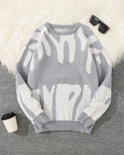New Popular Autumn Winter Irregular Jacquard Pattern Pullover Sweater Casual Round Neck Contrast Color Knitted Men's Pullover
