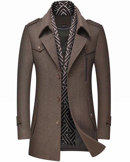 Winter Men's Woolen Coats Fashion Thicken Mid Length Trench Solid Turn Down Collar Warm Outerwear Business Casual Wool Coat Men