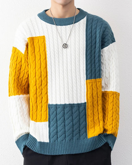 New Spring Winter Fashion Patchwork Loose Sweater Men Streetwear High Quality Mens Casual Sweaters Warm Knitting Pullovers Men