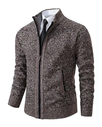 2025 Autumn and Winter New Jersey Men's Casual Sports Coat Solid Color Stand Collar Sweater Grab Fleece Warm Zipper Cardigan