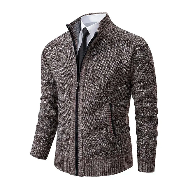 2025 Autumn and Winter New Jersey Men's Casual Sports Coat Solid Color Stand Collar Sweater Grab Fleece Warm Zipper Cardigan