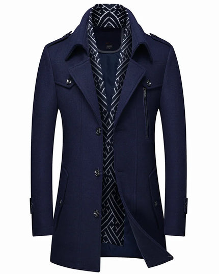 Winter Men's Woolen Coats Fashion Thicken Mid Length Trench Solid Turn Down Collar Warm Outerwear Business Casual Wool Coat Men