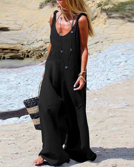 Womens Cotton Linen Jumpsuit Dungarees Loose Playsuit Polyester Preppy Style Pants Pocket  Overalls Trousers