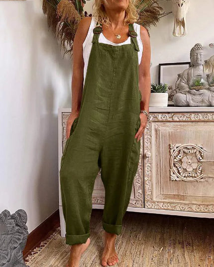 Womens Cotton Linen Jumpsuit Dungarees Loose Playsuit Polyester Preppy Style Pants Pocket  Overalls Trousers