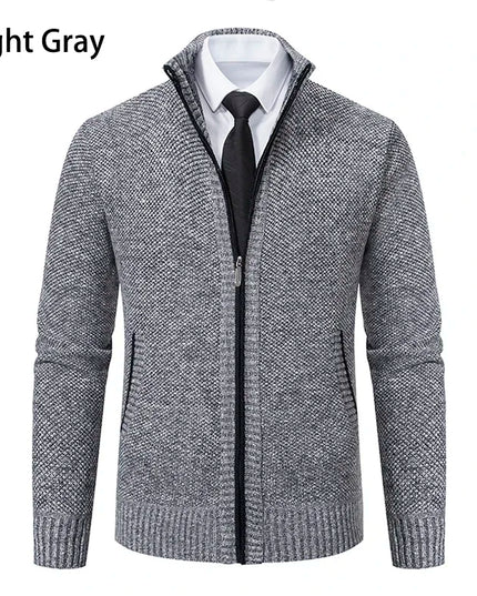 2025 Autumn and Winter New Jersey Men's Casual Sports Coat Solid Color Stand Collar Sweater Grab Fleece Warm Zipper Cardigan