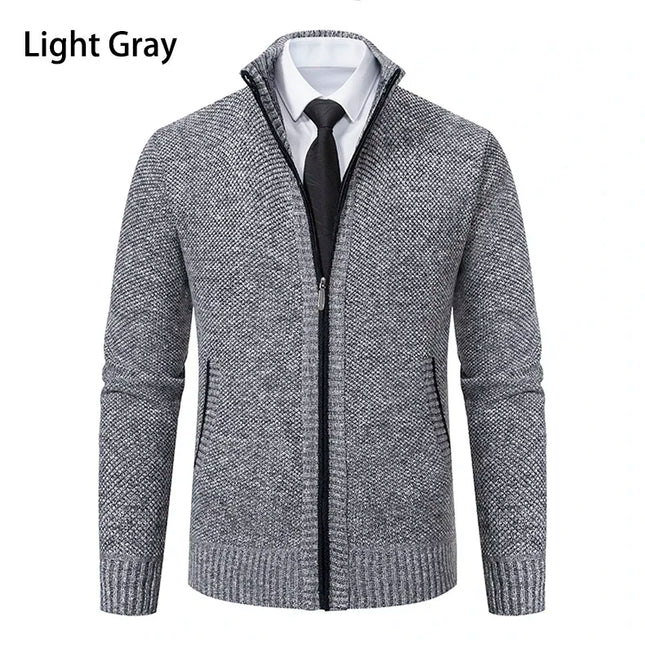 2025 Autumn and Winter New Jersey Men's Casual Sports Coat Solid Color Stand Collar Sweater Grab Fleece Warm Zipper Cardigan