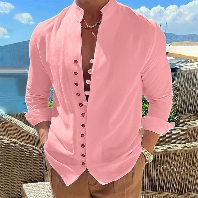 100% pure cotton linen hot selling fashion men's long sleeved shirt solid color stand up collar casual style men's S-3XXL