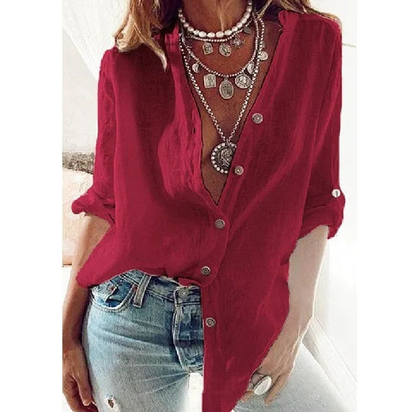 S-5XL Women Loose Blouse Shirts Oversized Female V Neck Long Sleeve Button Beach Sand Holiday Baggy Blouse Tops ARJ-113Y
