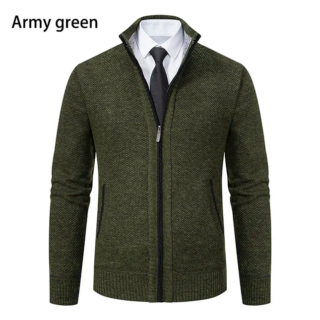 2025 Autumn and Winter New Jersey Men's Casual Sports Coat Solid Color Stand Collar Sweater Grab Fleece Warm Zipper Cardigan