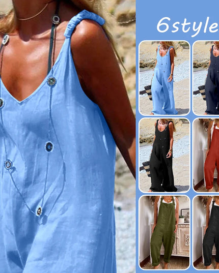 Womens Cotton Linen Jumpsuit Dungarees Loose Playsuit Polyester Preppy Style Pants Pocket  Overalls Trousers