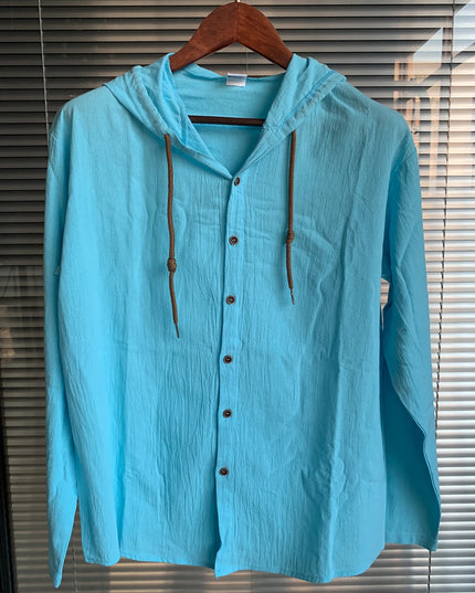 Summer Men's Cotton Linen Shirt Solid Streetwear Long Sleeve Hoodie Clothing For Men Button Tops Casual Loose Men Hooded Shirt