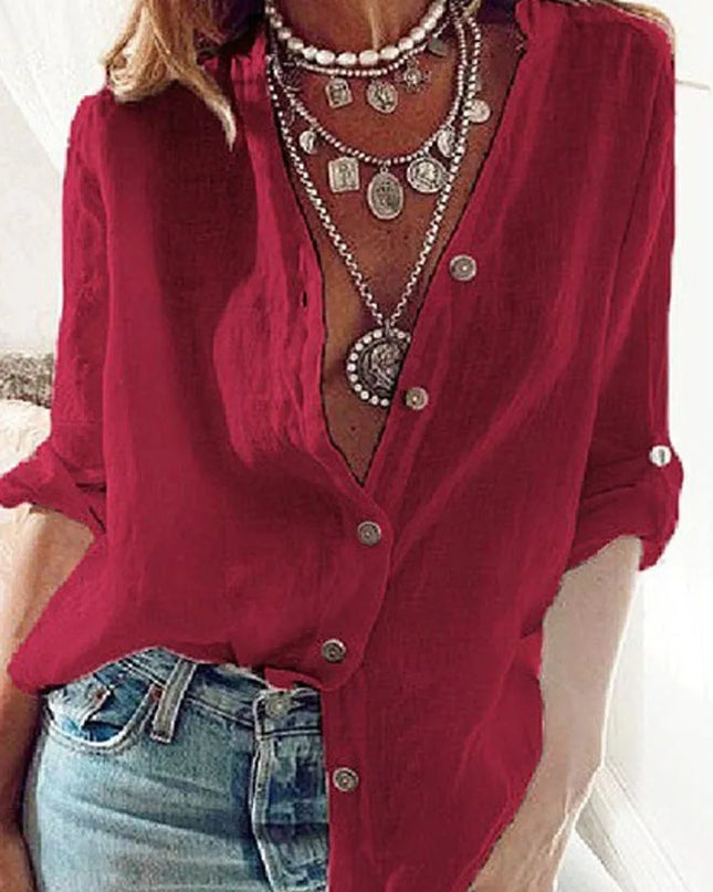 S-5XL Women Loose Blouse Shirts Oversized Female V Neck Long Sleeve Button Beach Sand Holiday Baggy Blouse Tops ARJ-113Y