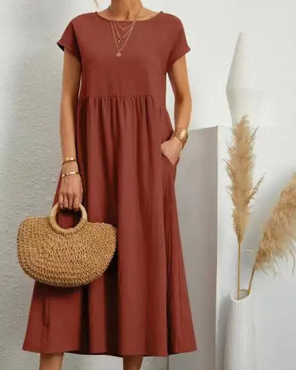Women Vintage Solid Dress 2023 Summer Elegant O Neck Short Sleeve Cotton Linen Dresses Female Casual Loose Sundress Long Dress