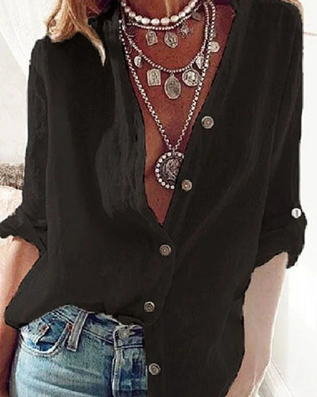 S-5XL Women Loose Blouse Shirts Oversized Female V Neck Long Sleeve Button Beach Sand Holiday Baggy Blouse Tops ARJ-113Y