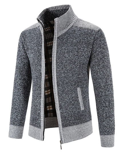 Autumn Winter Male Sweater Coat Knit Jumpers Fleece Warm Jacket Korean Mock Collar Patchworked Zip Windbreaker Men's Overcoat