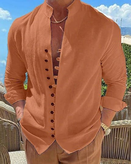 100% pure cotton linen hot selling fashion men's long sleeved shirt solid color stand up collar casual style men's S-3XXL