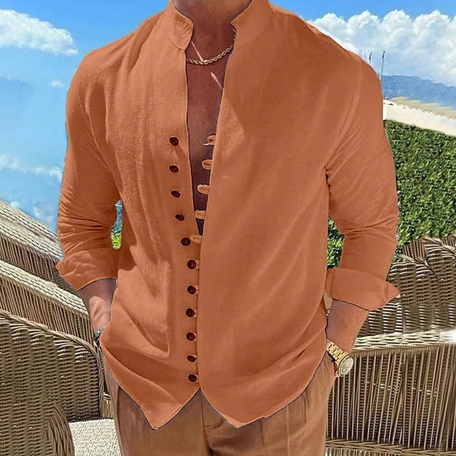 100% pure cotton linen hot selling fashion men's long sleeved shirt solid color stand up collar casual style men's S-3XXL