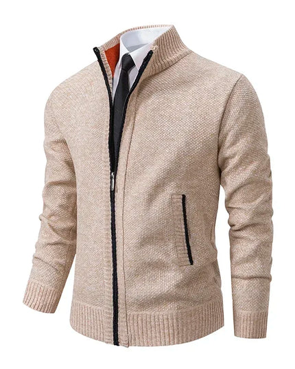2025 Autumn and Winter New Jersey Men's Casual Sports Coat Solid Color Stand Collar Sweater Grab Fleece Warm Zipper Cardigan