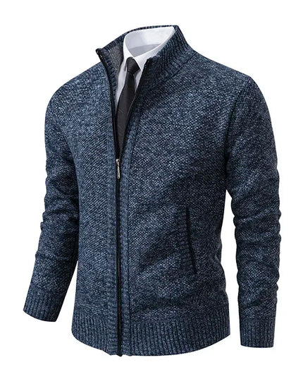2025 Autumn and Winter New Jersey Men's Casual Sports Coat Solid Color Stand Collar Sweater Grab Fleece Warm Zipper Cardigan