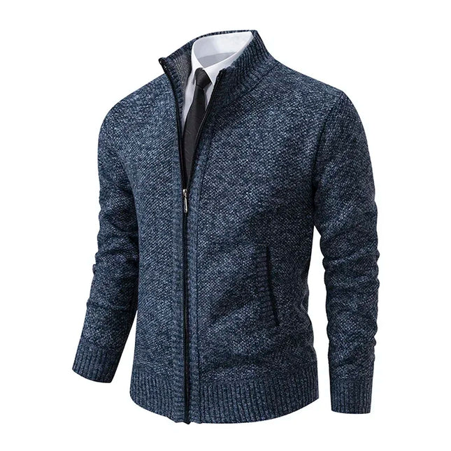2025 Autumn and Winter New Jersey Men's Casual Sports Coat Solid Color Stand Collar Sweater Grab Fleece Warm Zipper Cardigan