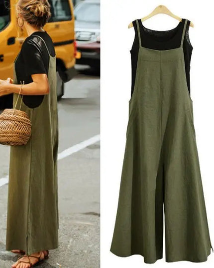 Women Straps Jumpsuit Summer Solid Color Wide Leg Pants Dungaree Bib Overalls Casual Loose Sleeveless Cotton Linen Jumpsuits 5Xl