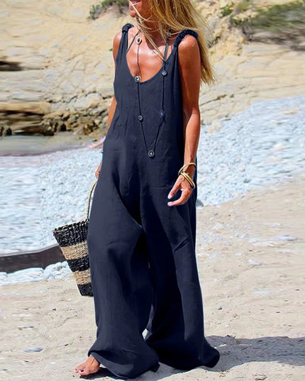 Womens Cotton Linen Jumpsuit Dungarees Loose Playsuit Polyester Preppy Style Pants Pocket  Overalls Trousers