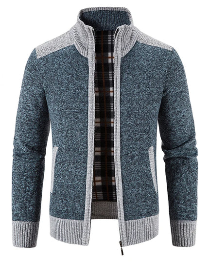Autumn Winter Male Sweater Coat Knit Jumpers Fleece Warm Jacket Korean Mock Collar Patchworked Zip Windbreaker Men's Overcoat