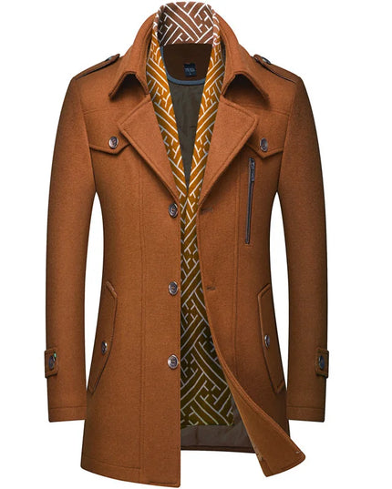 Winter Men's Woolen Coats Fashion Thicken Mid Length Trench Solid Turn Down Collar Warm Outerwear Business Casual Wool Coat Men