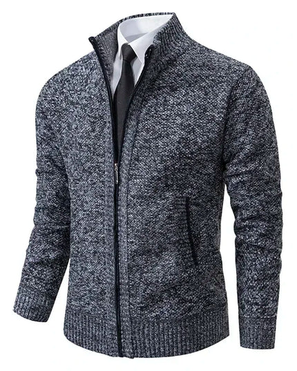 2025 Autumn and Winter New Jersey Men's Casual Sports Coat Solid Color Stand Collar Sweater Grab Fleece Warm Zipper Cardigan