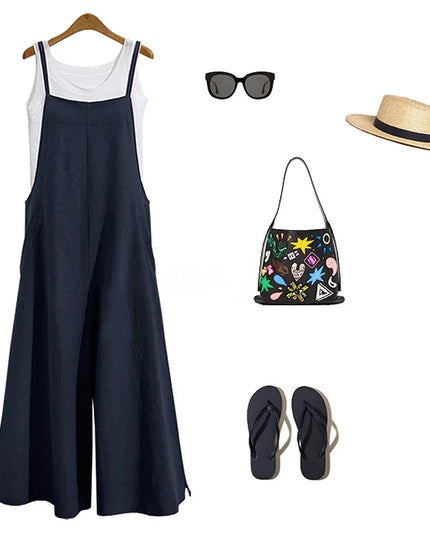 Women Straps Jumpsuit Summer Solid Color Wide Leg Pants Dungaree Bib Overalls Casual Loose Sleeveless Cotton Linen Jumpsuits 5Xl