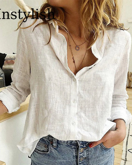 Elegant Cotton Linen Shirts Women Casual Solid Button Lapel Blouses Shirts Autumn Winter Long Sleeve Loose Tops Tunic Blusas