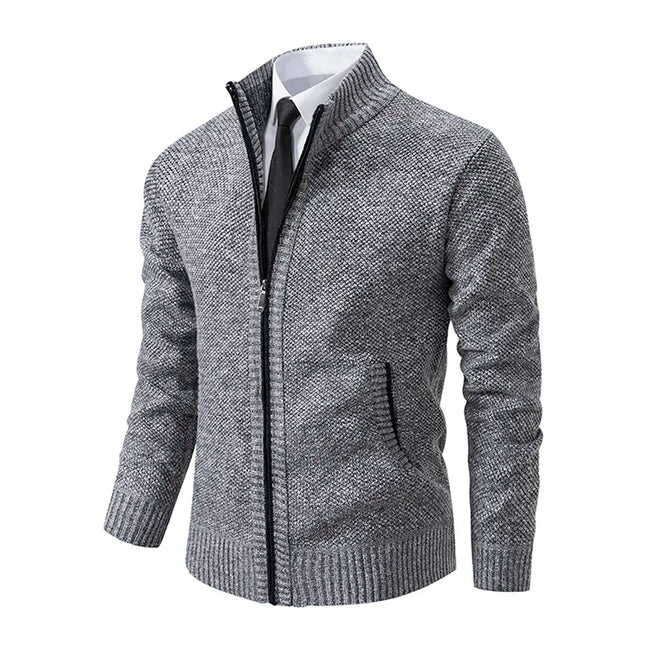 2025 Autumn and Winter New Jersey Men's Casual Sports Coat Solid Color Stand Collar Sweater Grab Fleece Warm Zipper Cardigan