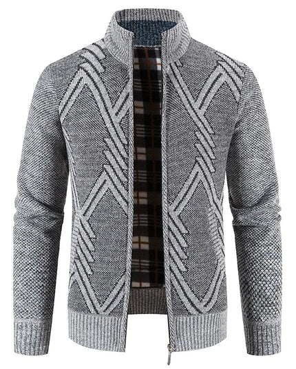 Autumn Winter Male Sweater Coat Knit Jumpers Fleece Warm Jacket Korean Mock Collar Patchworked Zip Windbreaker Men's Overcoat