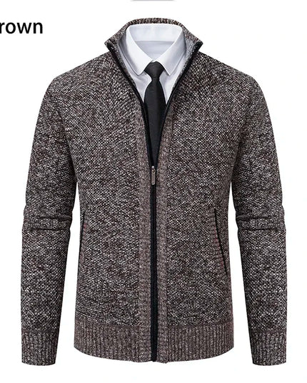 2025 Autumn and Winter New Jersey Men's Casual Sports Coat Solid Color Stand Collar Sweater Grab Fleece Warm Zipper Cardigan