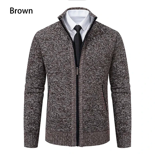 2025 Autumn and Winter New Jersey Men's Casual Sports Coat Solid Color Stand Collar Sweater Grab Fleece Warm Zipper Cardigan
