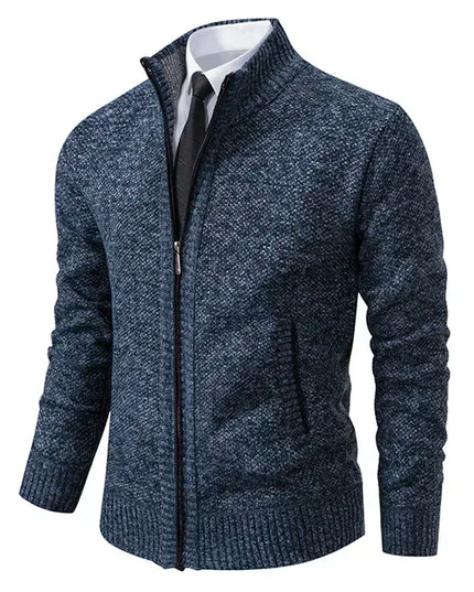 2025 Autumn and Winter New Jersey Men's Casual Sports Coat Solid Color Stand Collar Sweater Grab Fleece Warm Zipper Cardigan