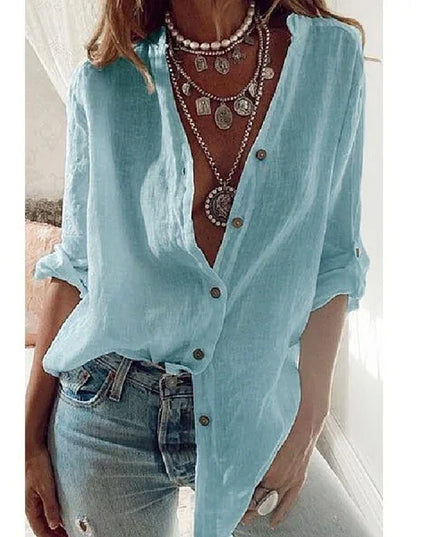 S-5XL Women Loose Blouse Shirts Oversized Female V Neck Long Sleeve Button Beach Sand Holiday Baggy Blouse Tops ARJ-113Y