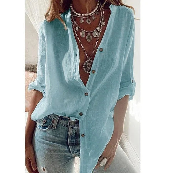 S-5XL Women Loose Blouse Shirts Oversized Female V Neck Long Sleeve Button Beach Sand Holiday Baggy Blouse Tops ARJ-113Y